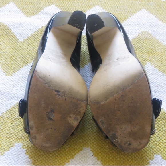 Wild Pair Black Patent Peep Toe Contrast Stitch Platform Block Heels • Sz 7.5 🔴 - Picture 6 of 9